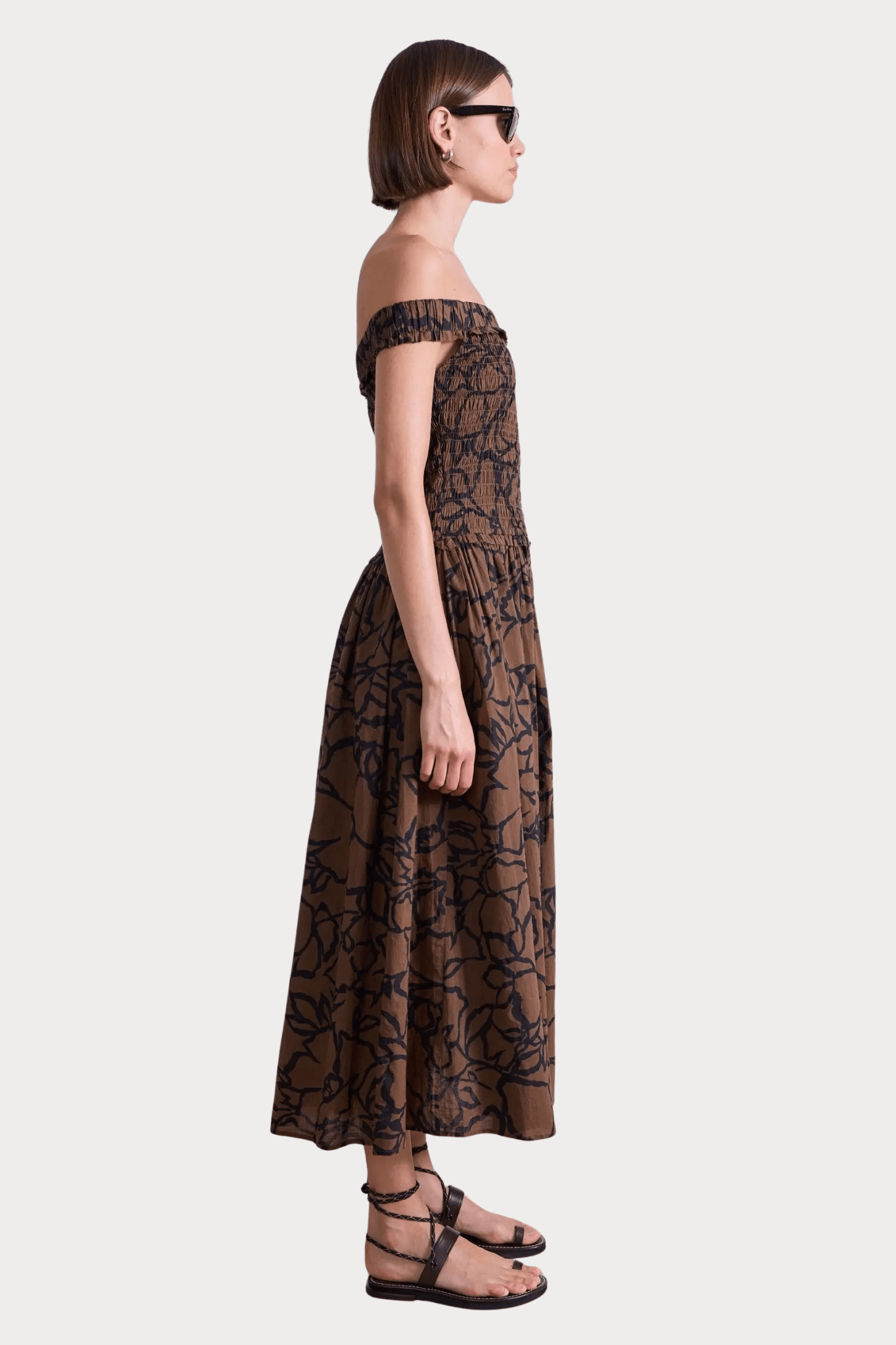 Apiece Apart | Britt Off-Shoulder Maxi In Floral Chocolate - SHOP YUCCA Dress APIECE APART - YUCCA, artistic clothing for women, Women’s clothing store Denver, boutique stores near me, capsule wardrobe, women’s elevated basics.