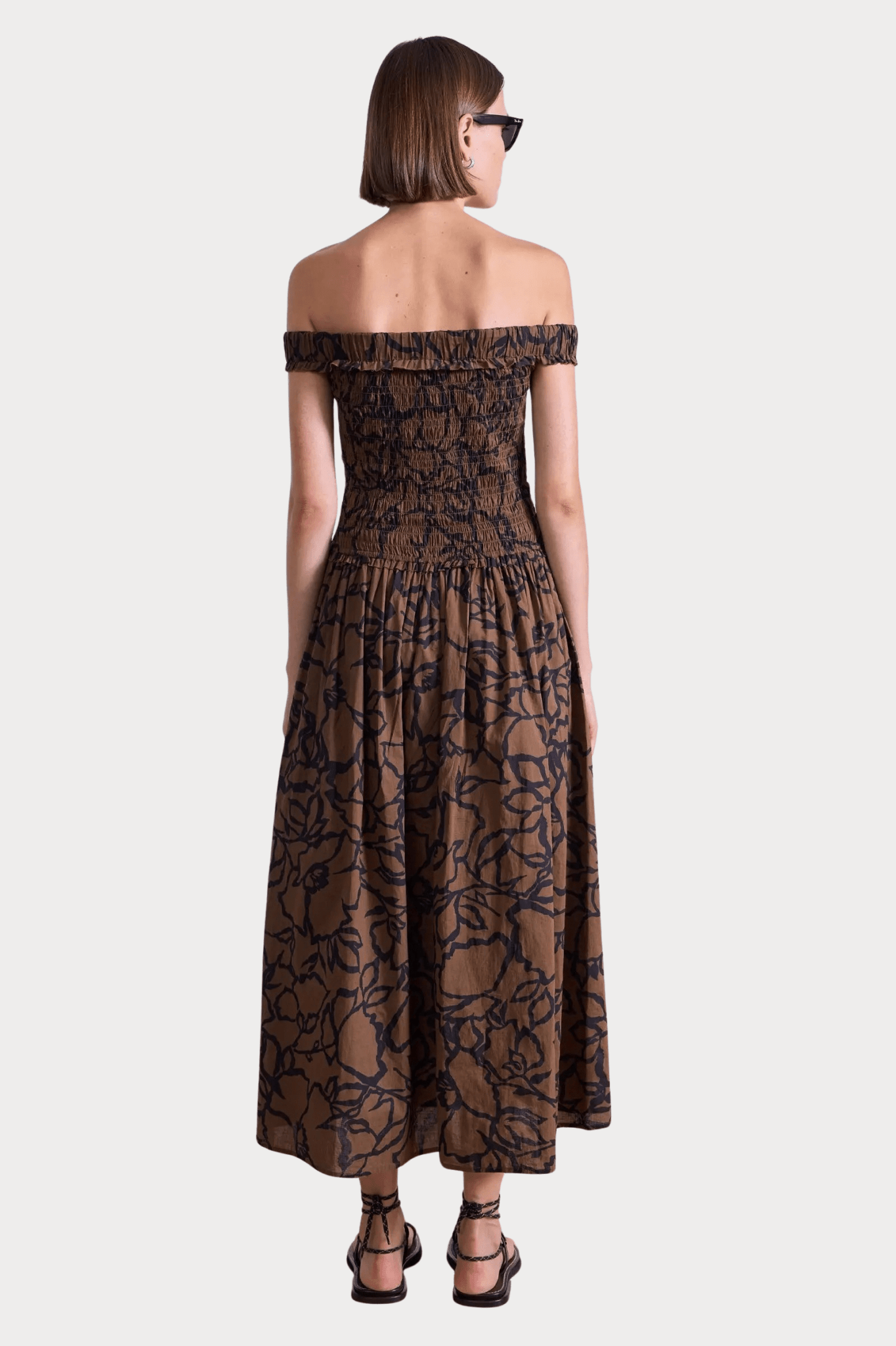 Apiece Apart | Britt Off-Shoulder Maxi In Floral Chocolate - SHOP YUCCA Dress APIECE APART - YUCCA, artistic clothing for women, Women’s clothing store Denver, boutique stores near me, capsule wardrobe, women’s elevated basics.