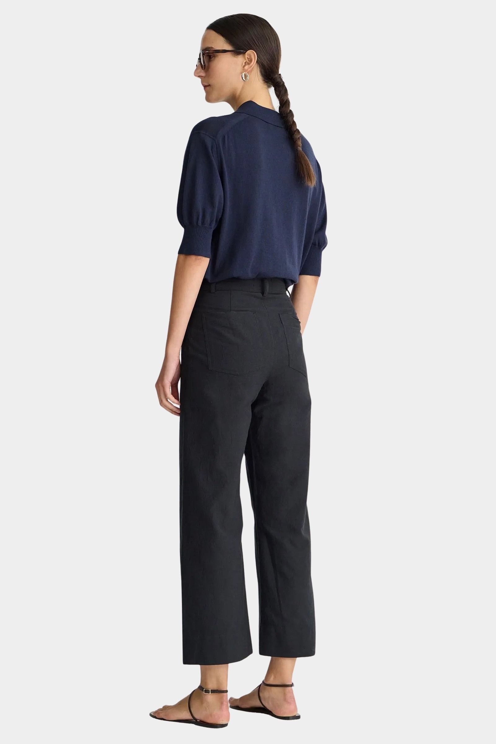 Apiece Apart Classic Merida Pant black cropped wide leg designer trousers back view
