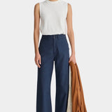 Apiece Apart Classic Merida Pant navy cotton wide leg cropped trousers front view