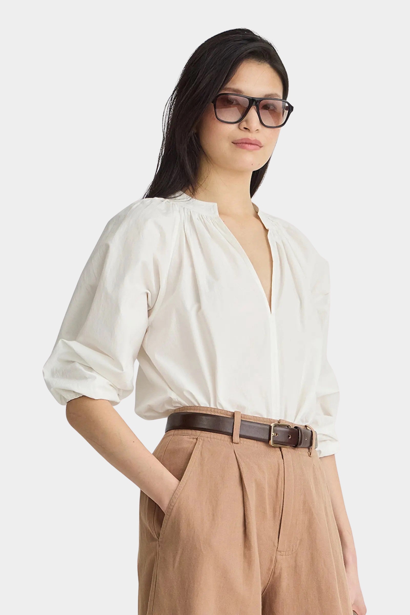Apiece Apart Do Cisneros Top Cream organic cotton blouse three-quarter side view