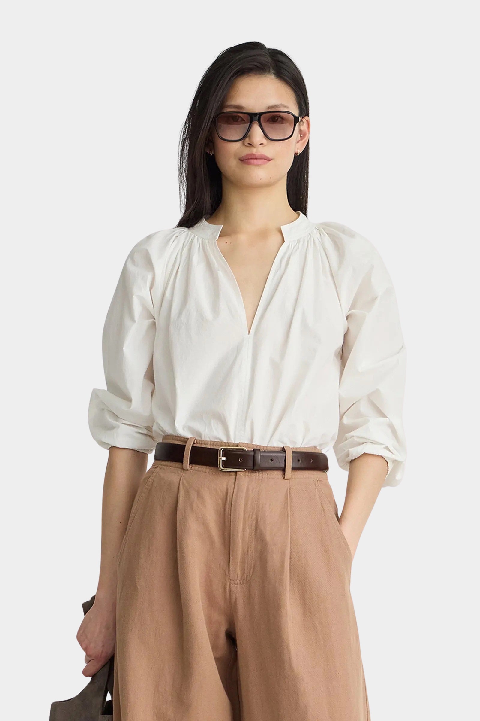 Apiece Apart Do Cisneros Top Cream organic cotton blouse front detail view
