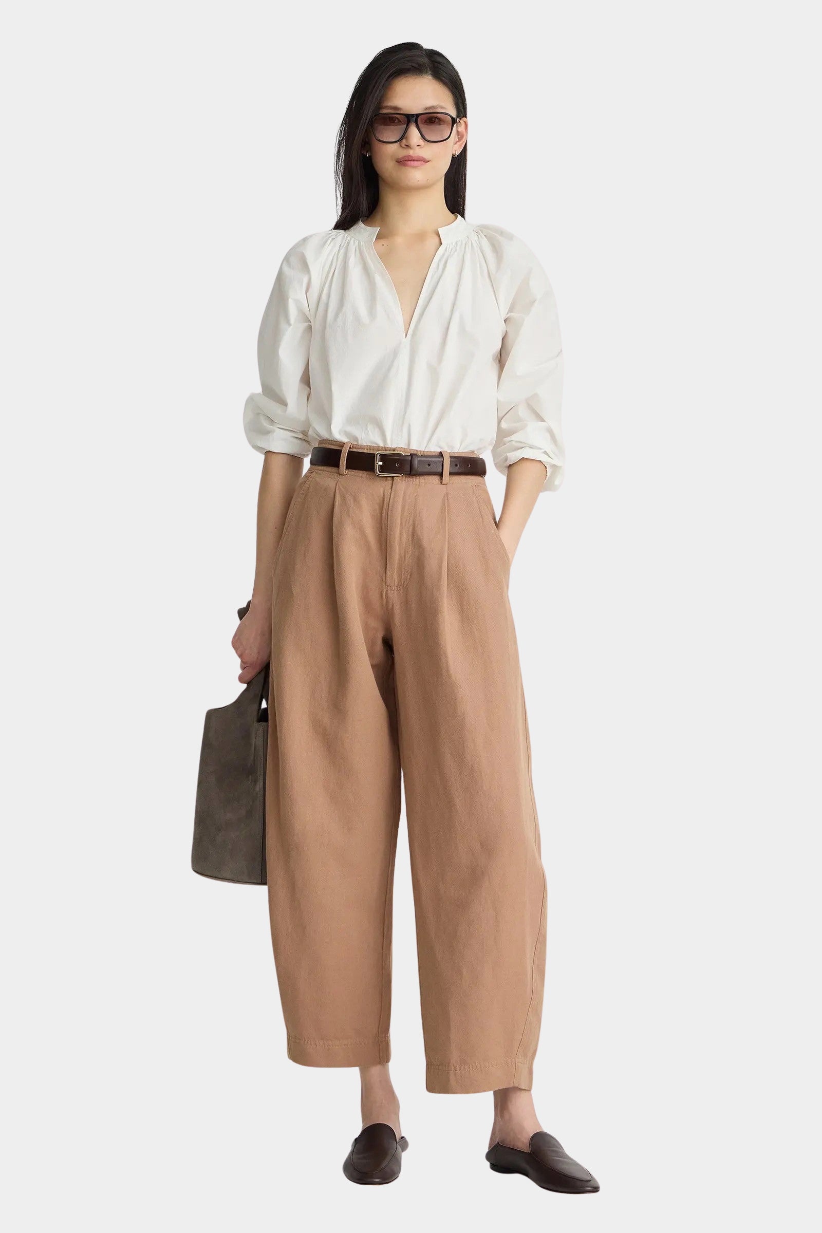 Apiece Apart Do Cisneros Top Cream organic cotton blouse styled with trousers at YUCCA Denver