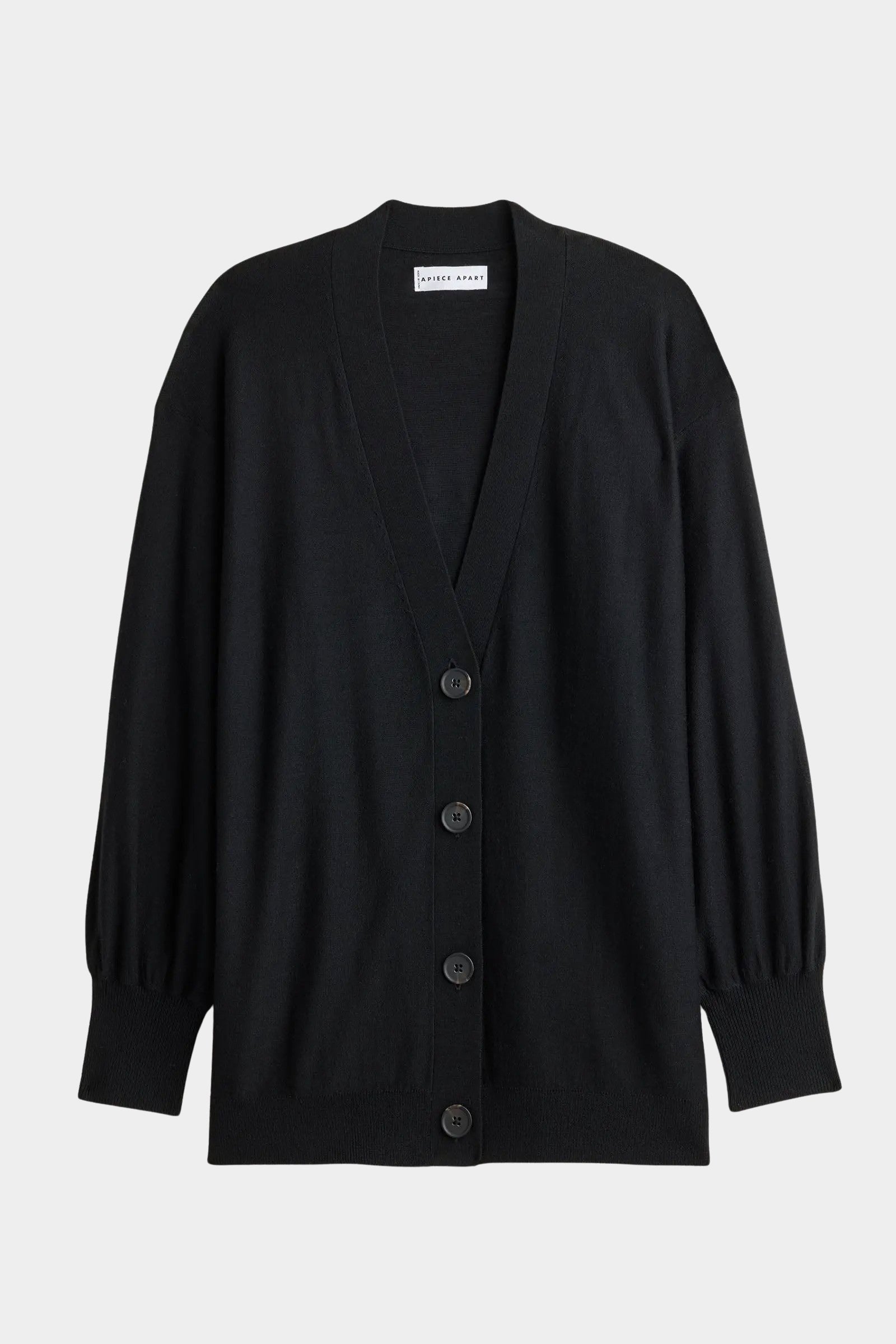 Apiece Apart Drippy Tissue Cardigan Black merino wool cardigan flat front view