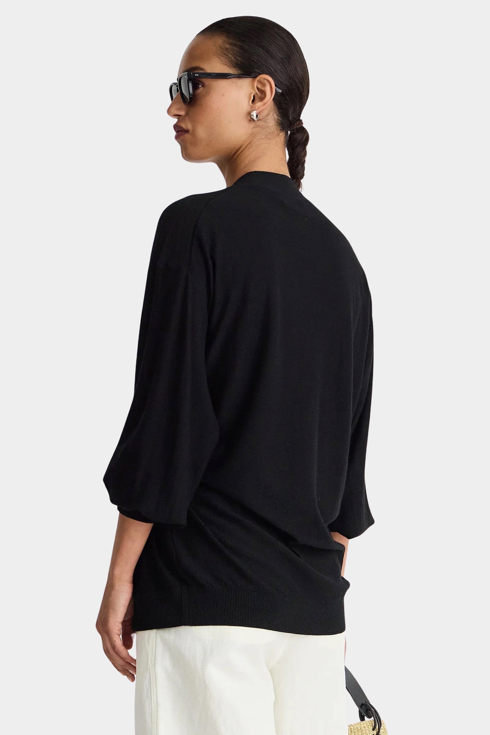 Apiece Apart Drippy Tissue Cardigan Black back view showing relaxed shape and fluid sleeves