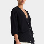 Apiece Apart Drippy Tissue Cardigan Black side view showing deep V neck and draped fit