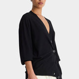 Apiece Apart Drippy Tissue Cardigan Black side view showing deep V neck and draped fit