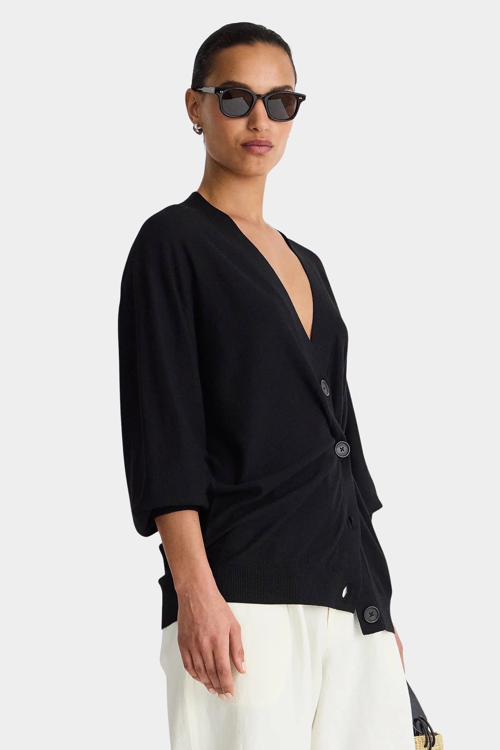 Apiece Apart Drippy Tissue Cardigan Black side view showing deep V neck and draped fit