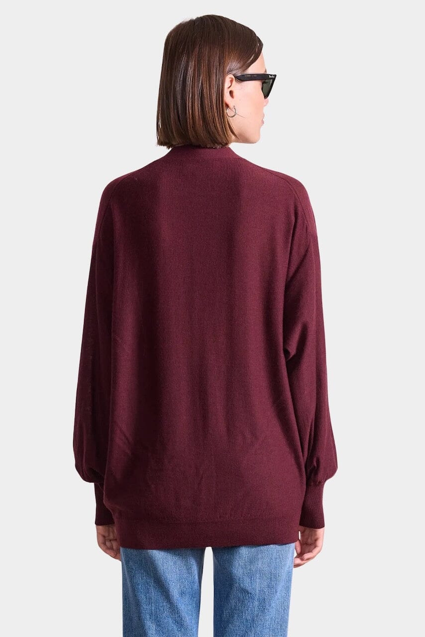 Apiece Apart Drippy Tissue Cardigan in Mulberry merino wool with draped side button detail at YUCCA Denver