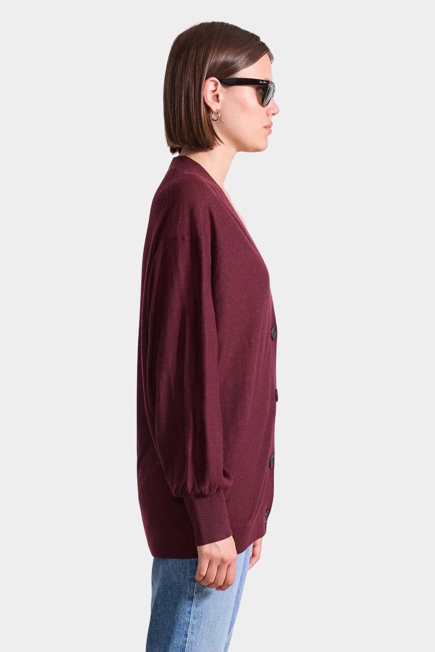 Apiece Apart Drippy Tissue Cardigan in Mulberry merino wool with draped side button detail at YUCCA Denver