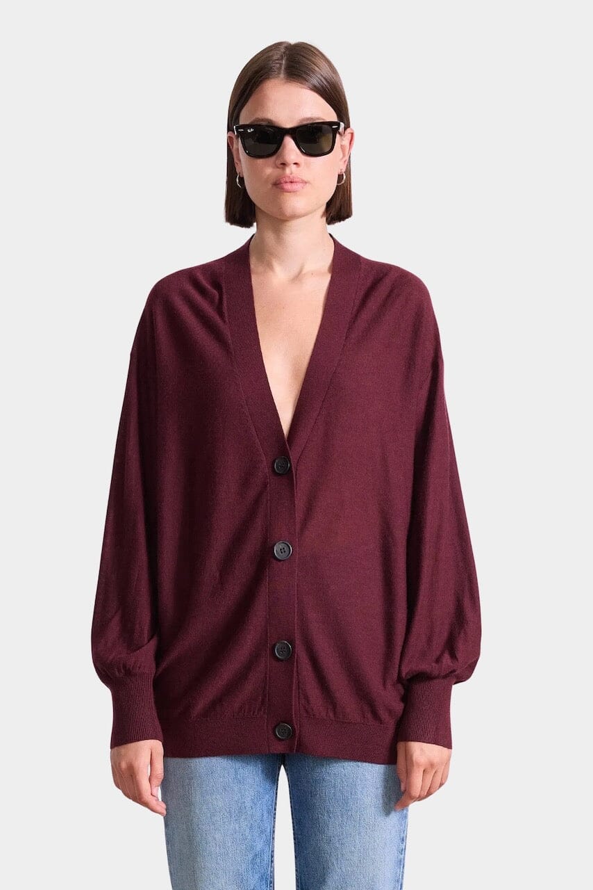 Apiece Apart Drippy Tissue Cardigan in Mulberry merino wool with draped side button detail at YUCCA Denver