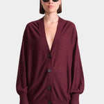 Apiece Apart Drippy Tissue Cardigan in Mulberry merino wool with draped side button detail at YUCCA Denver