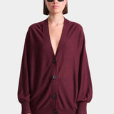 Apiece Apart Drippy Tissue Cardigan in Mulberry merino wool with draped side button detail at YUCCA Denver