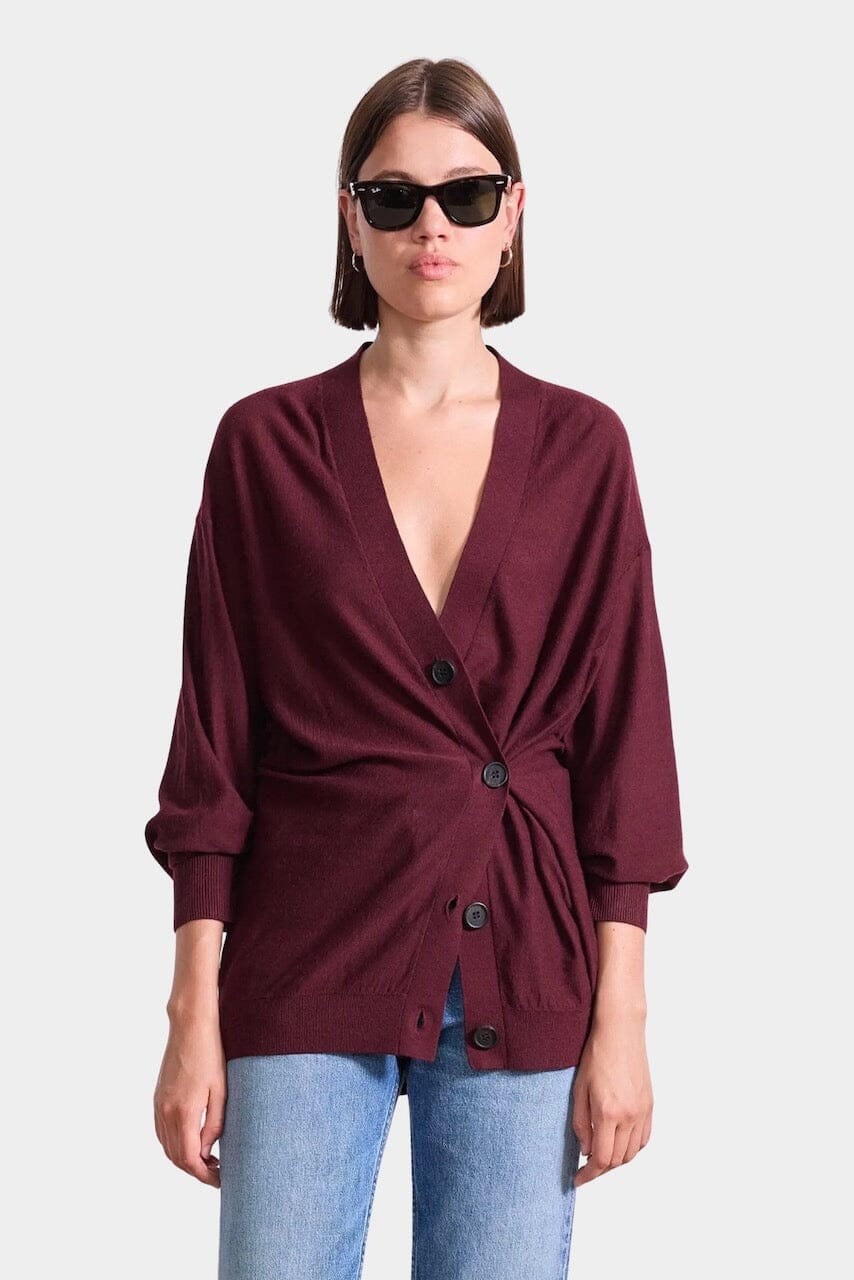 Apiece Apart Drippy Tissue Cardigan in Mulberry merino wool with draped side button detail at YUCCA Denver
