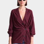 Apiece Apart Drippy Tissue Cardigan in Mulberry merino wool with draped side button detail at YUCCA Denver