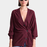 Apiece Apart Drippy Tissue Cardigan in Mulberry merino wool with draped side button detail at YUCCA Denver