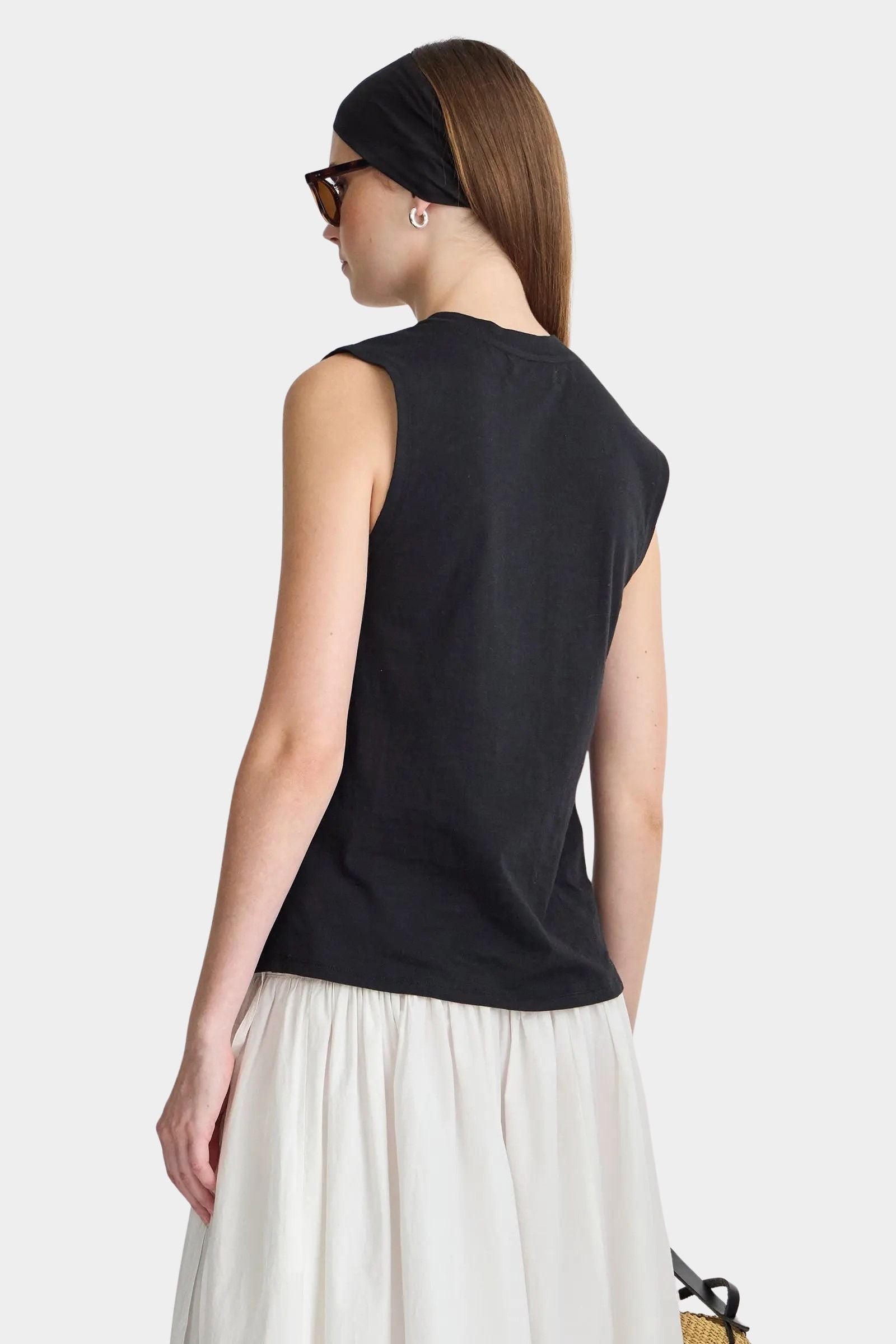 Apiece Apart Forte Tee Black back view with clean neckline and minimalist sleeveless fit at YUCCA Denver