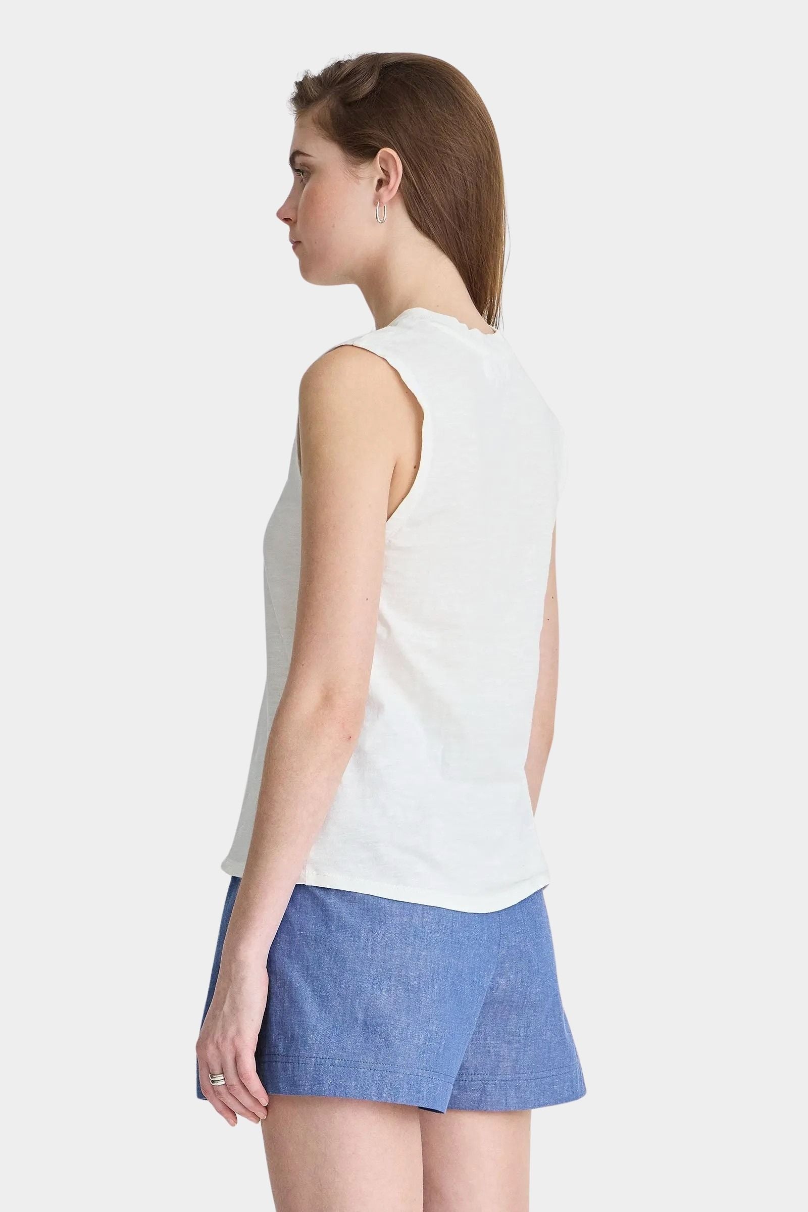 Apiece Apart Forte Tee Cream back view with minimal sleeveless cut and relaxed everyday fit