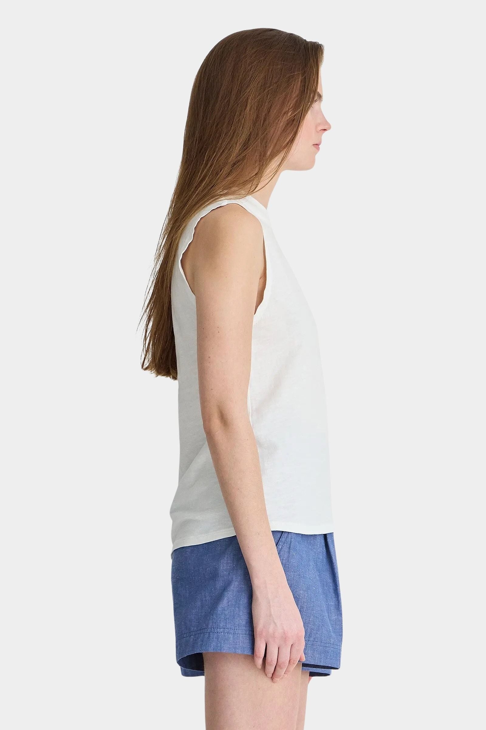 Apiece Apart Forte Tee Cream side profile with clean muscle tee shape and lightweight organic cotton jersey