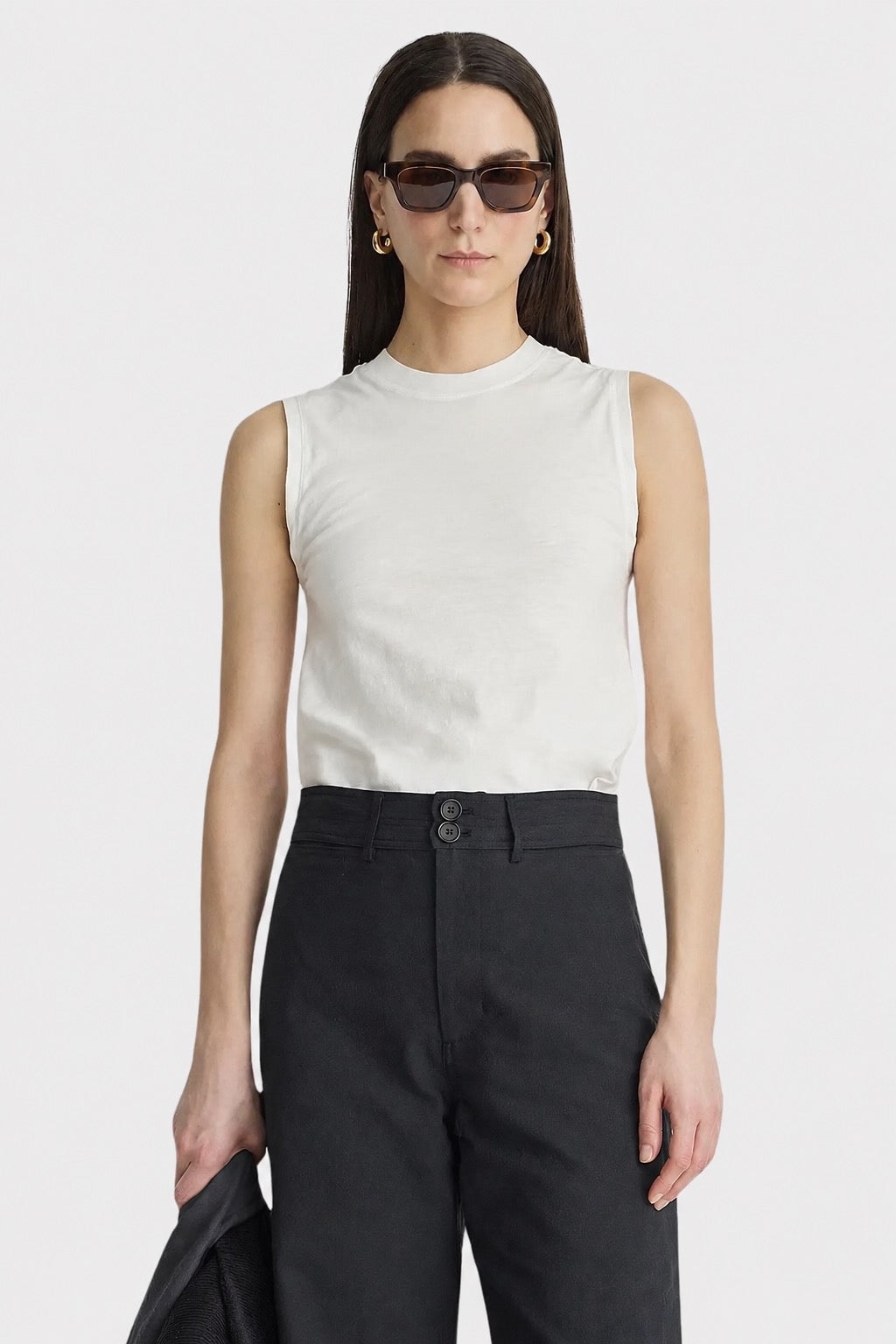 Apiece Apart Forte Tee Cream, front view styled with black trousers
