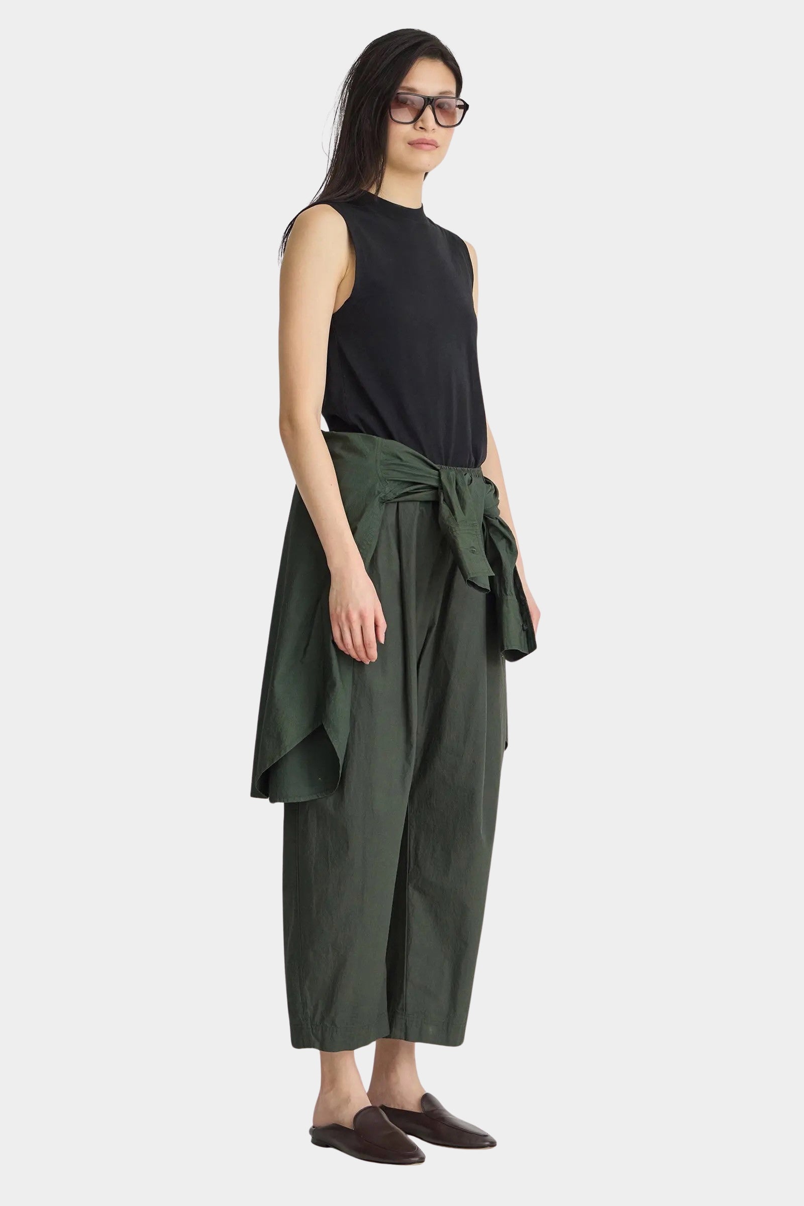 Apiece Apart Forte Tee Black relaxed silhouette styled with wide leg pants