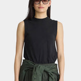 Apiece Apart Forte Tee Black sleeveless mock neck top front detail
