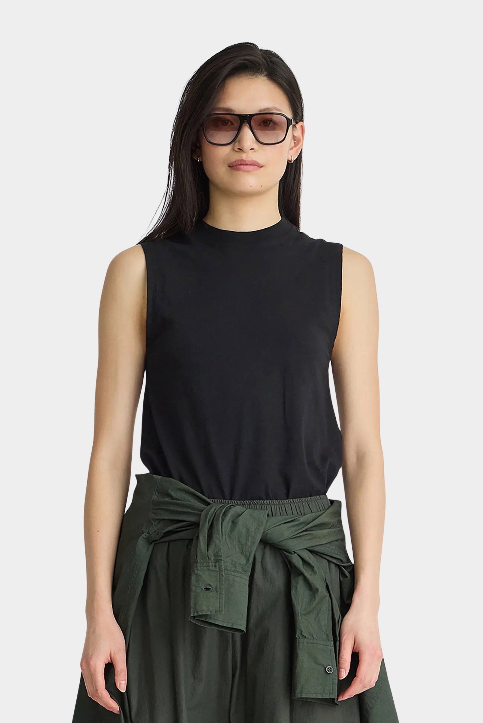 Apiece Apart Forte Tee Black sleeveless mock neck top front detail