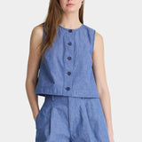 Apiece Apart Godet Tank Chambray front view with relaxed fit and breathable cotton linen fabric at YUCCA Denver