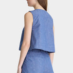 Apiece Apart Godet Tank Chambray back view with cropped A-line fit and matching chambray shorts