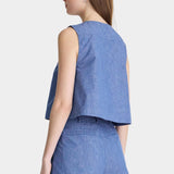 Apiece Apart Godet Tank Chambray back view with cropped A-line fit and matching chambray shorts