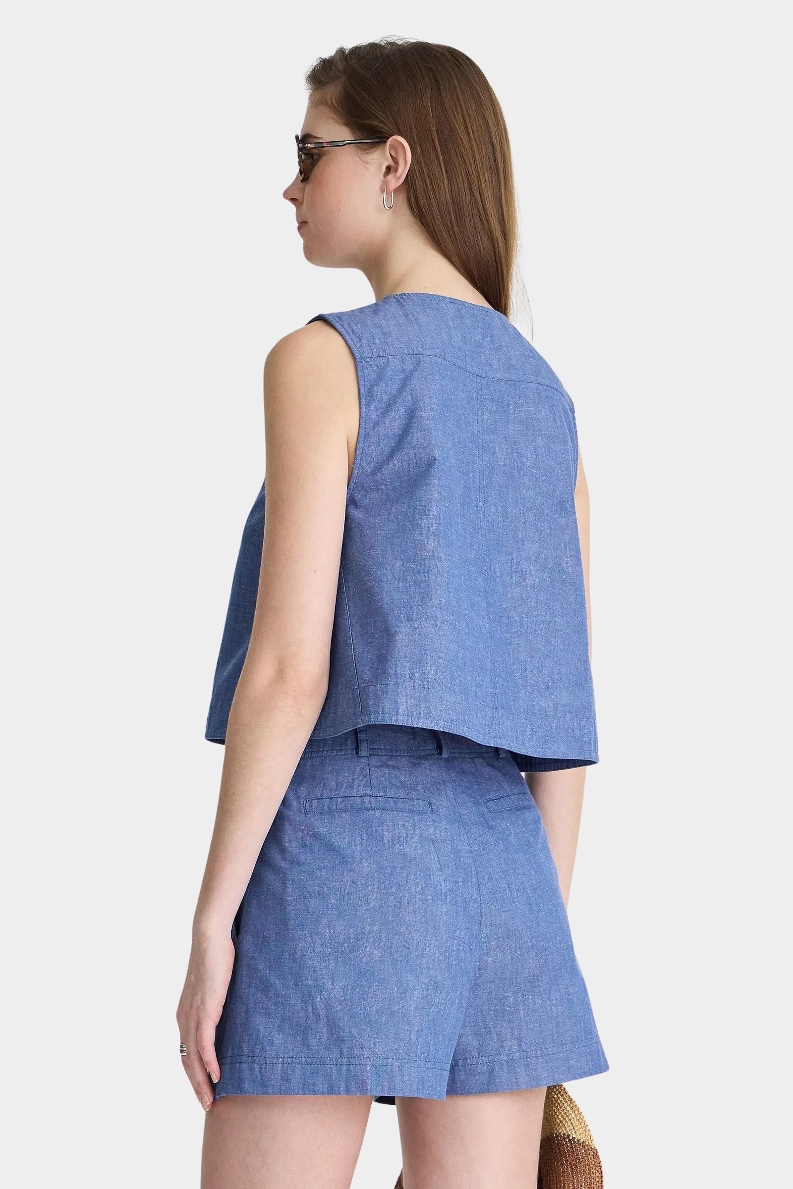 Apiece Apart Godet Tank Chambray back view with cropped A-line fit and matching chambray shorts