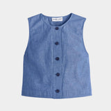 Apiece Apart Godet Tank Chambray flat lay with button front, sleeveless silhouette, and soft summer texture