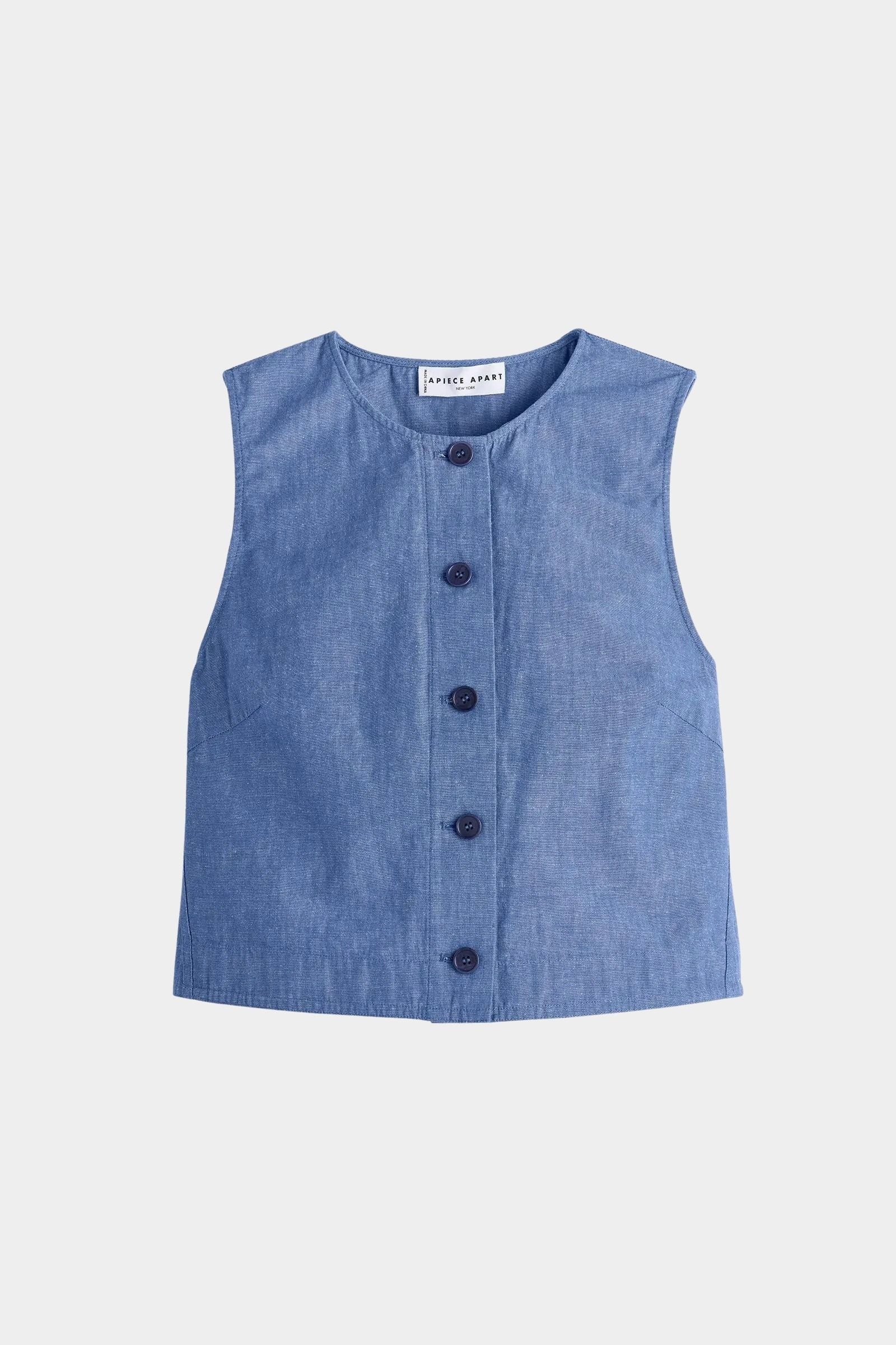 Apiece Apart Godet Tank Chambray flat lay with button front, sleeveless silhouette, and soft summer texture