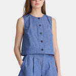 Apiece Apart Godet Tank Chambray styled with matching shorts in lightweight cotton linen chambray