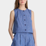 Apiece Apart Godet Tank Chambray styled with matching shorts in lightweight cotton linen chambray