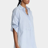 Apiece Apart Isolde Button Down Blue and White Stripes relaxed oversized striped shirt styled at YUCCA Denver