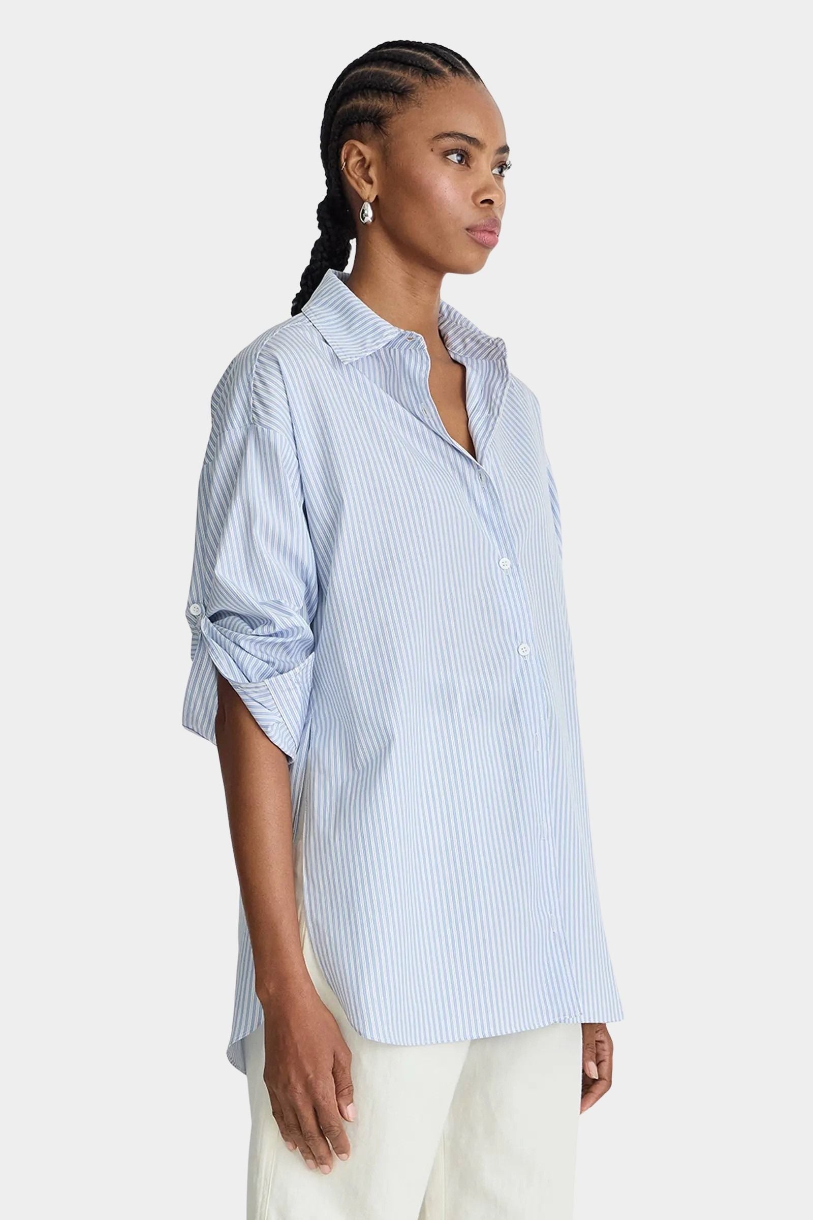 Apiece Apart Isolde Button Down Blue and White Stripes relaxed oversized striped shirt styled at YUCCA Denver