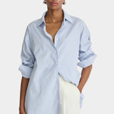 Apiece Apart Isolde Button Down Blue and White Stripes oversized cotton button-down styled with relaxed sleeves