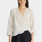 Front view of Apiece Apart Lo Campo Shirt Cream lightweight organic cotton top with V-neckline