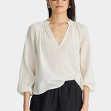 Front view of Apiece Apart Lo Campo Shirt Cream lightweight organic cotton top with V-neckline