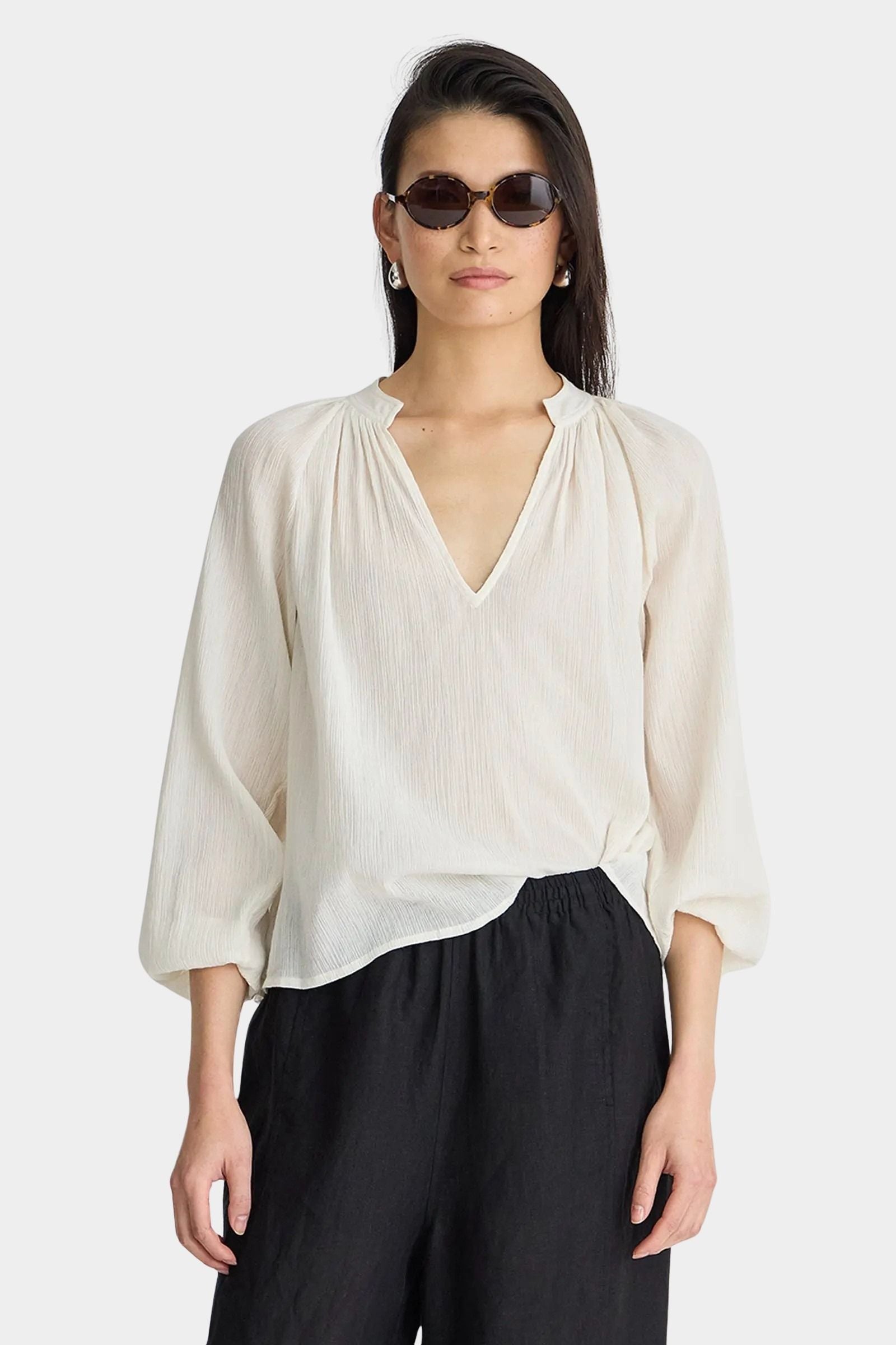 Front view of Apiece Apart Lo Campo Shirt Cream lightweight organic cotton top with V-neckline