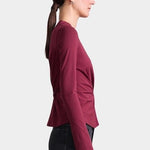 Apiece Apart Long Sleeve Volta Top in Black Cherry with twist front detail styled with black trousers at YUCCA Denver