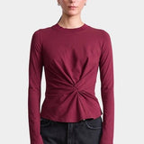 Apiece Apart Long Sleeve Volta Top in Black Cherry with twist front detail styled with black trousers at YUCCA Denver
