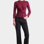 Apiece Apart Long Sleeve Volta Top in Black Cherry with twist front detail styled with black trousers at YUCCA Denver