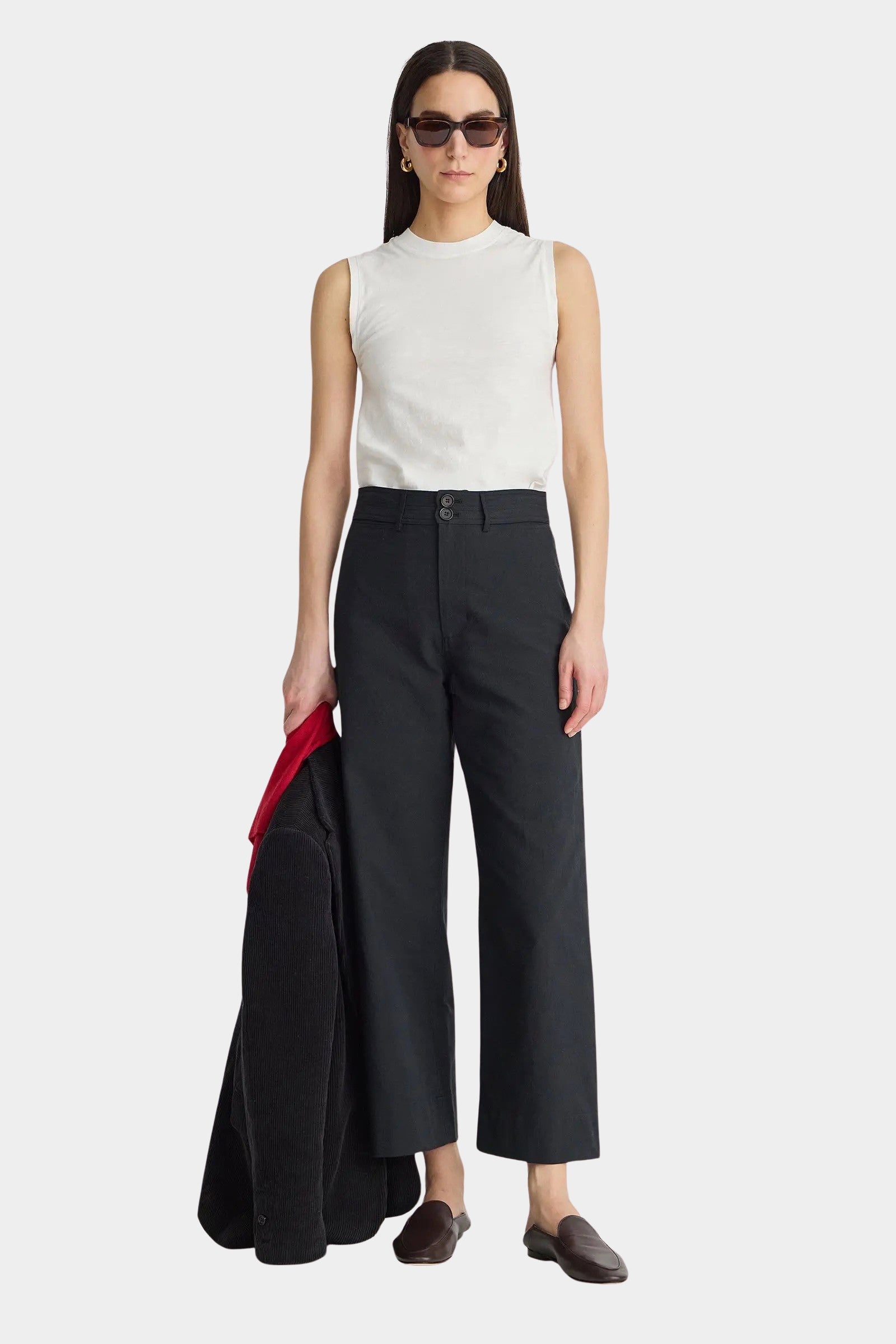 Apiece Apart Merida Pants Black cropped wide leg trousers front view at YUCCA Denver