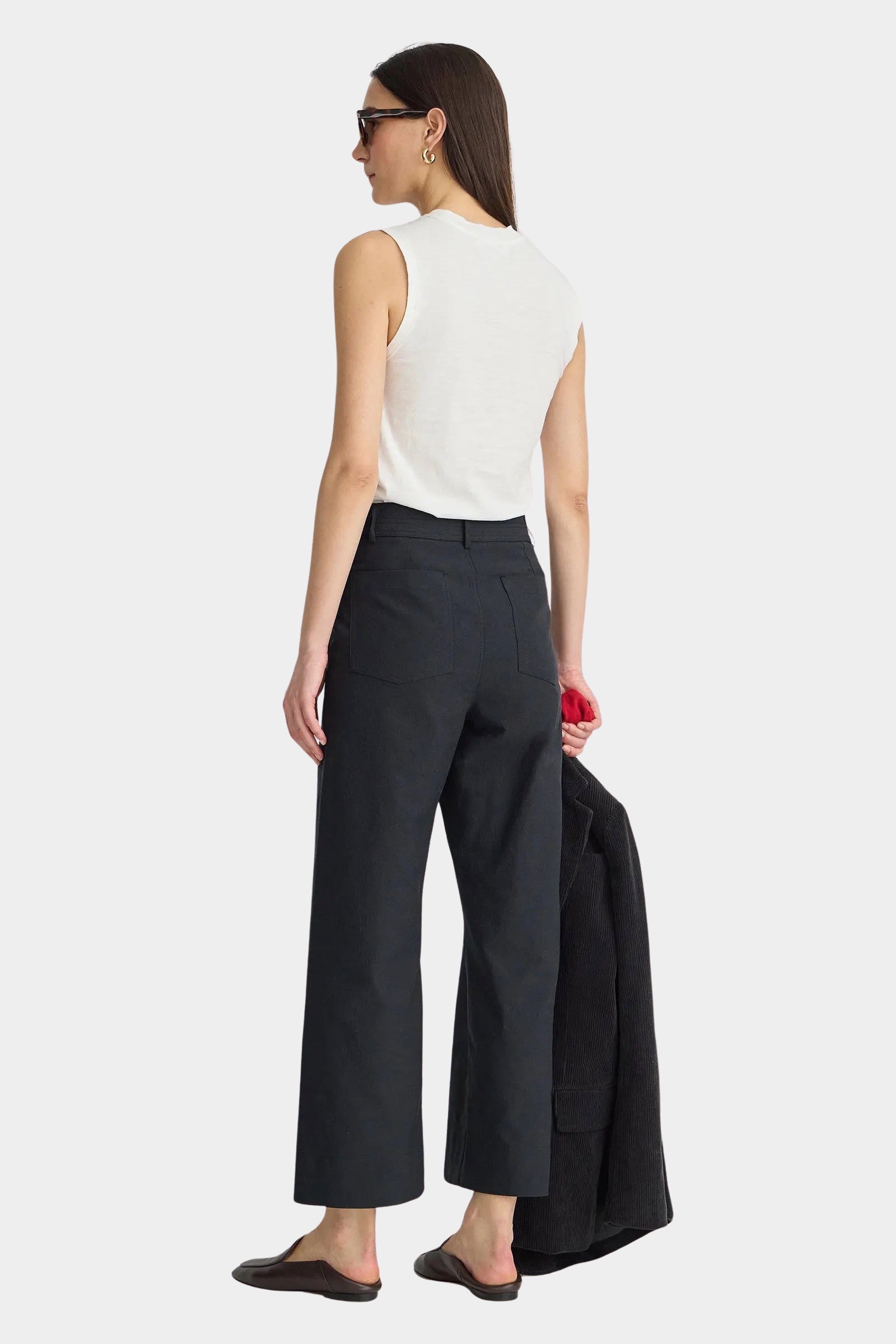 Apiece Apart Merida Pants Black cropped wide leg trousers back view with patch pockets