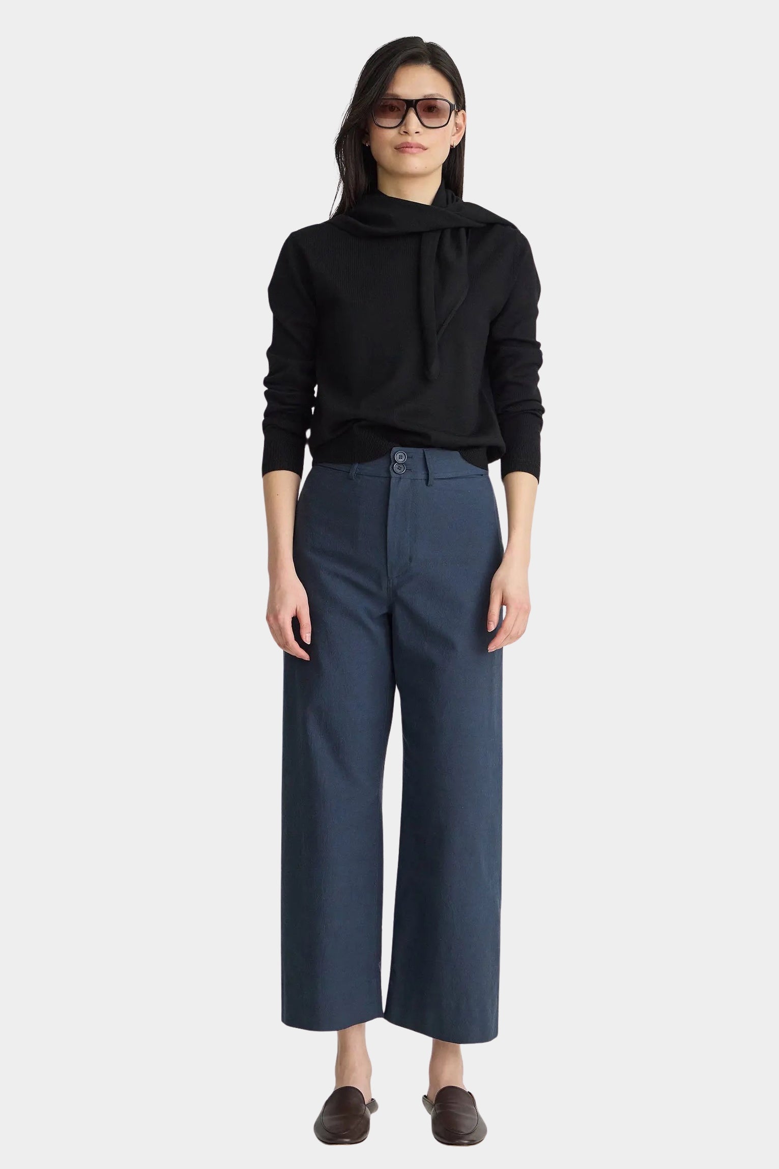 Apiece Apart Merida Pants Navy high rise cropped trousers front view