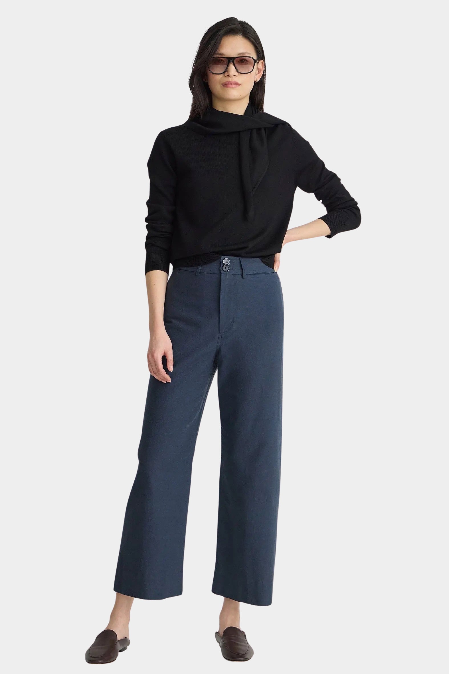 Apiece Apart Merida Pants Navy high rise wide leg trousers styled at YUCCA Denver