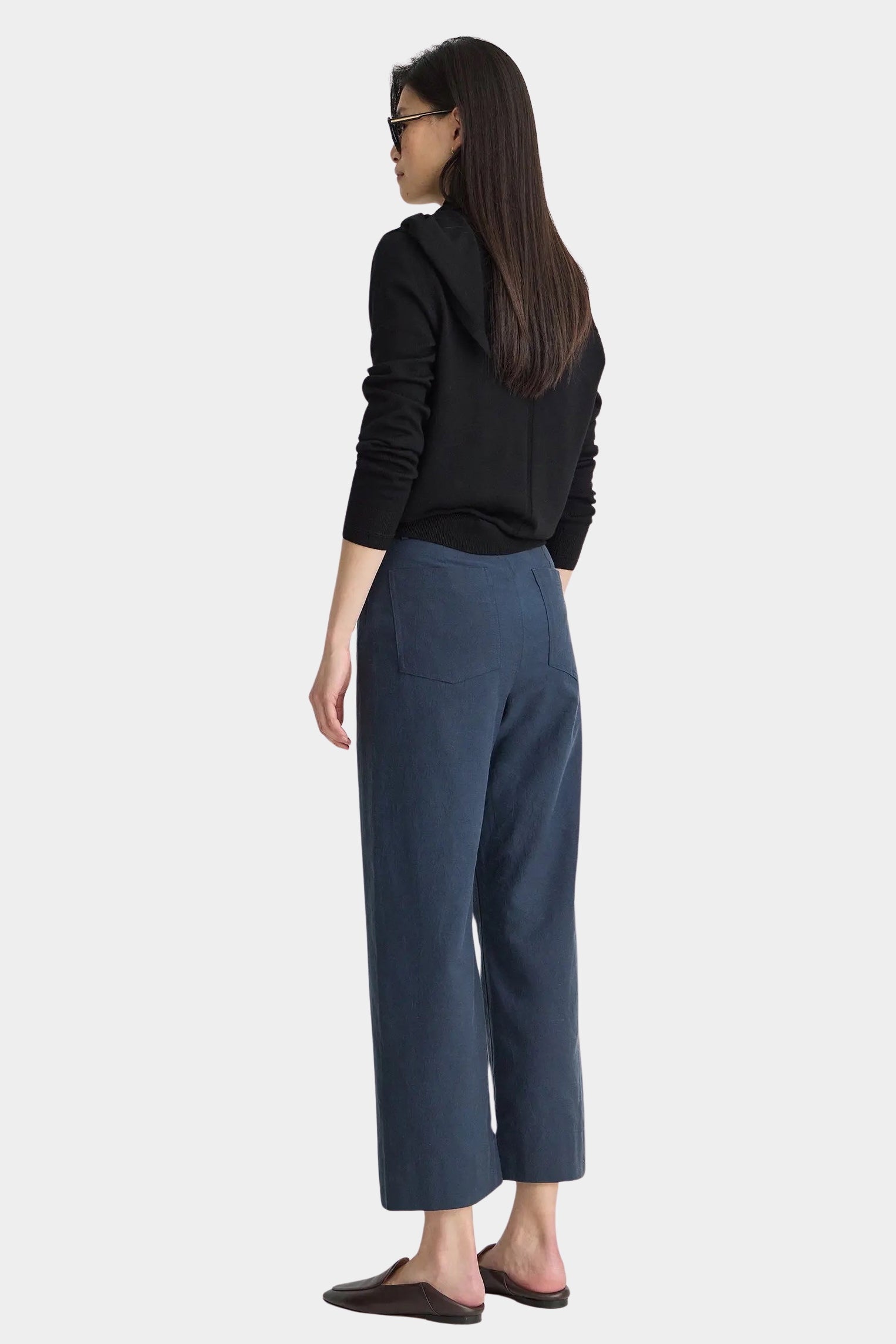 Apiece Apart Merida Pants Navy cropped wide leg trousers back view with patch pockets