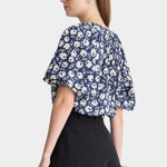 Navy floral blouse back view lantern sleeves gathered neckline organic cotton voile relaxed fit top